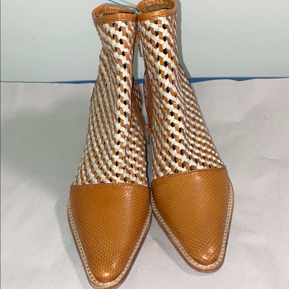 Roolee Tan and White Woven Pointed Toe Ankle Booties